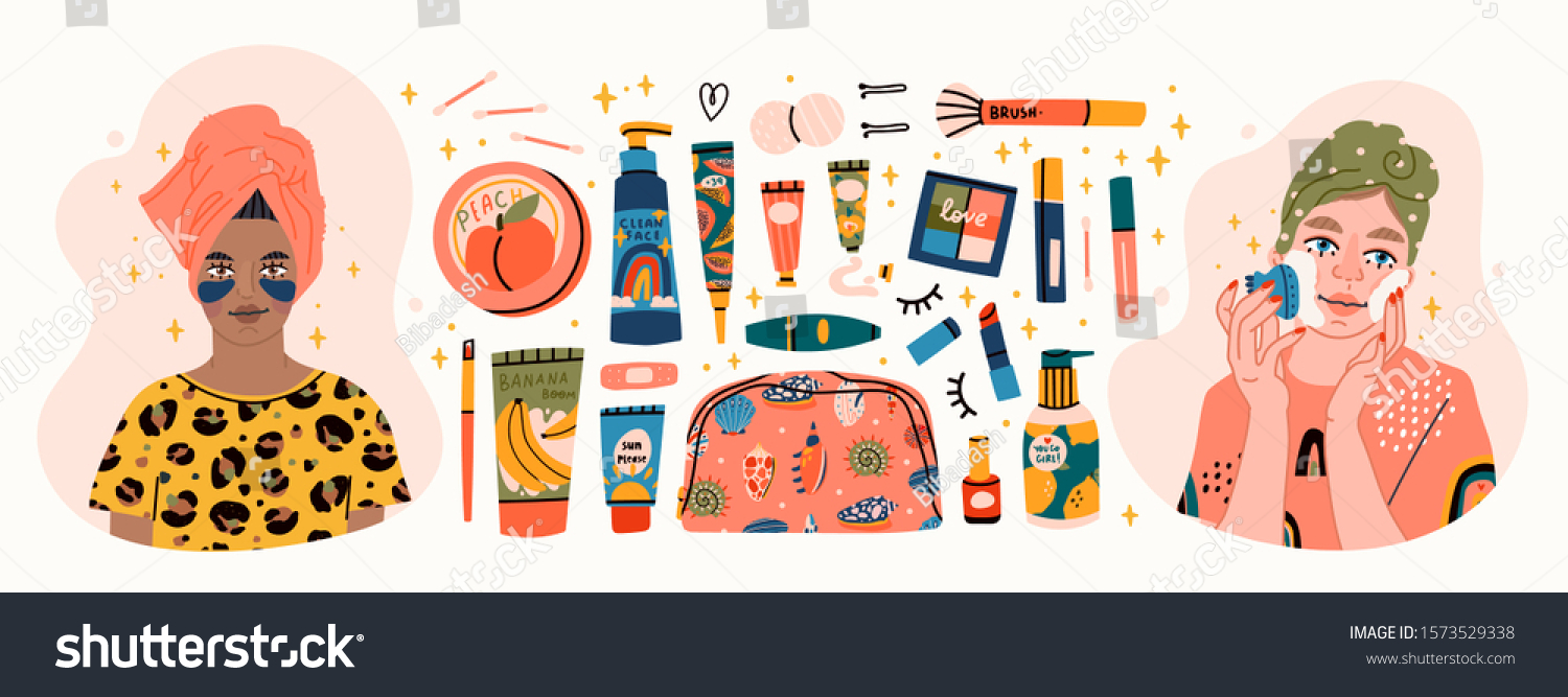 Beauty routine. Beautiful young ladies and various cosmetics. Face and body care concept. Cleansing, moisturizing, treating. Hand drawn vector set. Trendy illustration. All elements are isolated #1573529338