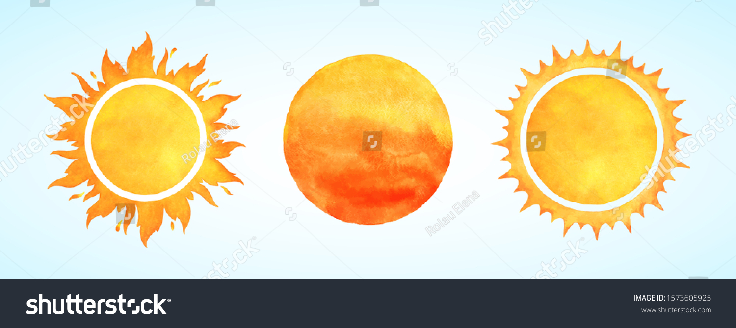 Watercolor vector sun shapes. Rising sun, sunset, dawn illustrations set. Fire colors round shape, watercolour stains. Orange red yellow circle, flaming crown frame. Maslenitsa, Shrovetide background. #1573605925