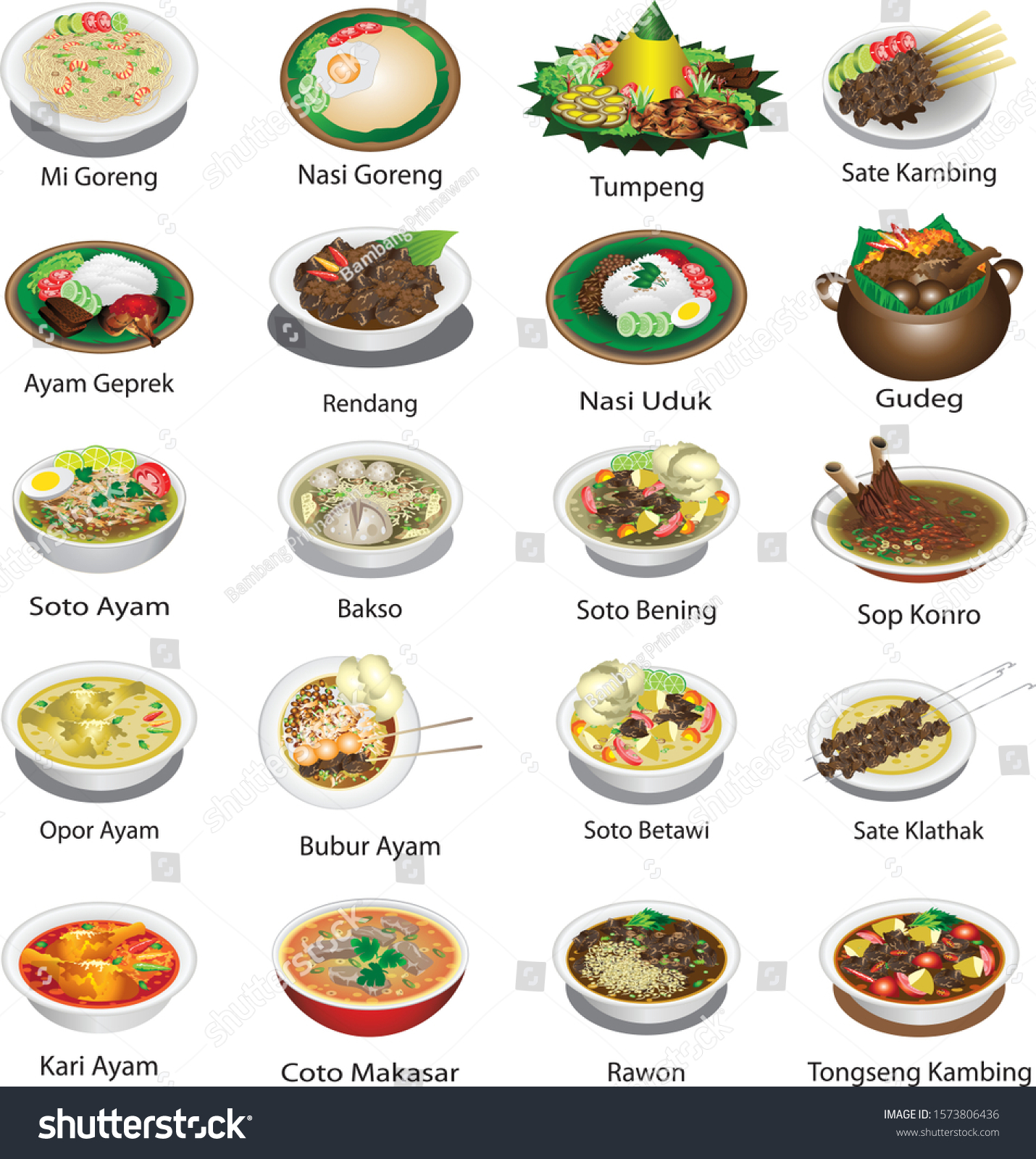 Indonesian cuisine famous dishes, delicious cullinary food - Vector #1573806436