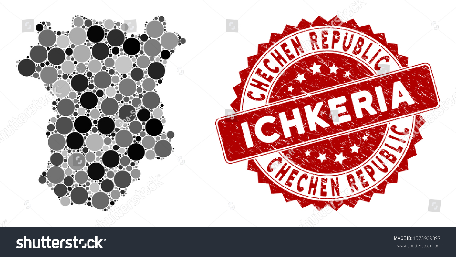 Mosaic Chechnya map and round seal stamp. Flat vector Chechnya map mosaic of random round elements. Red rubber stamp with dirty texture. Designed for political and patriotic purposes. #1573909897