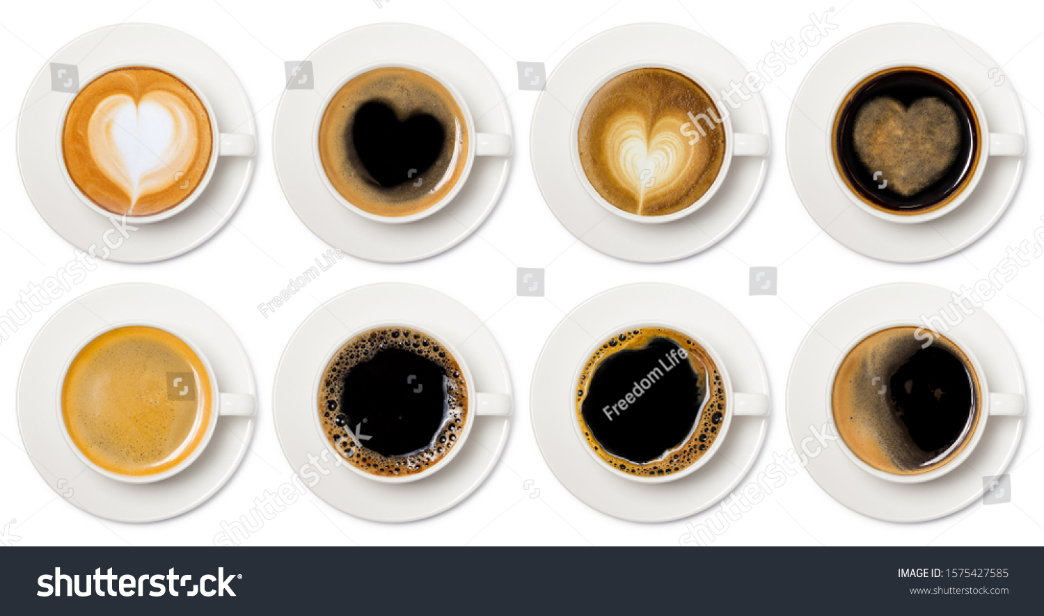 coffee cup assortment top view collection, coffee cup assortment with heart sign top view collection isolated on white background. #1575427585