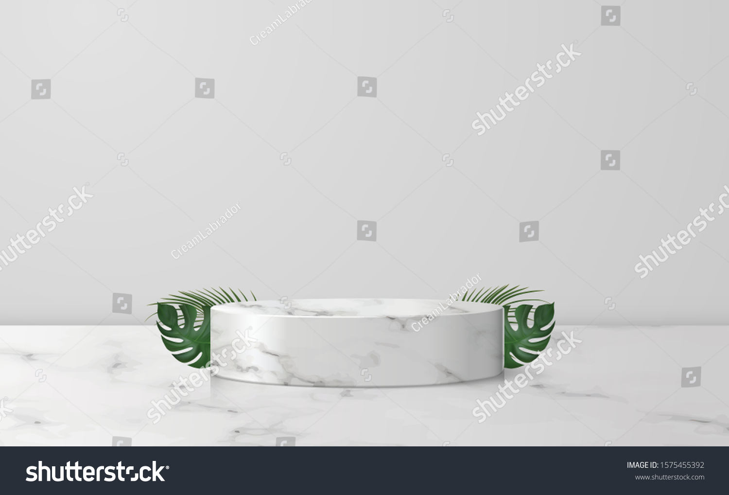 White marble cylinder podium in white background. decor by palm, monstera leaves scene stage mockup showcase for product, sale, banner, discount, presentation, cosmetic, offer. illustration vector. #1575455392