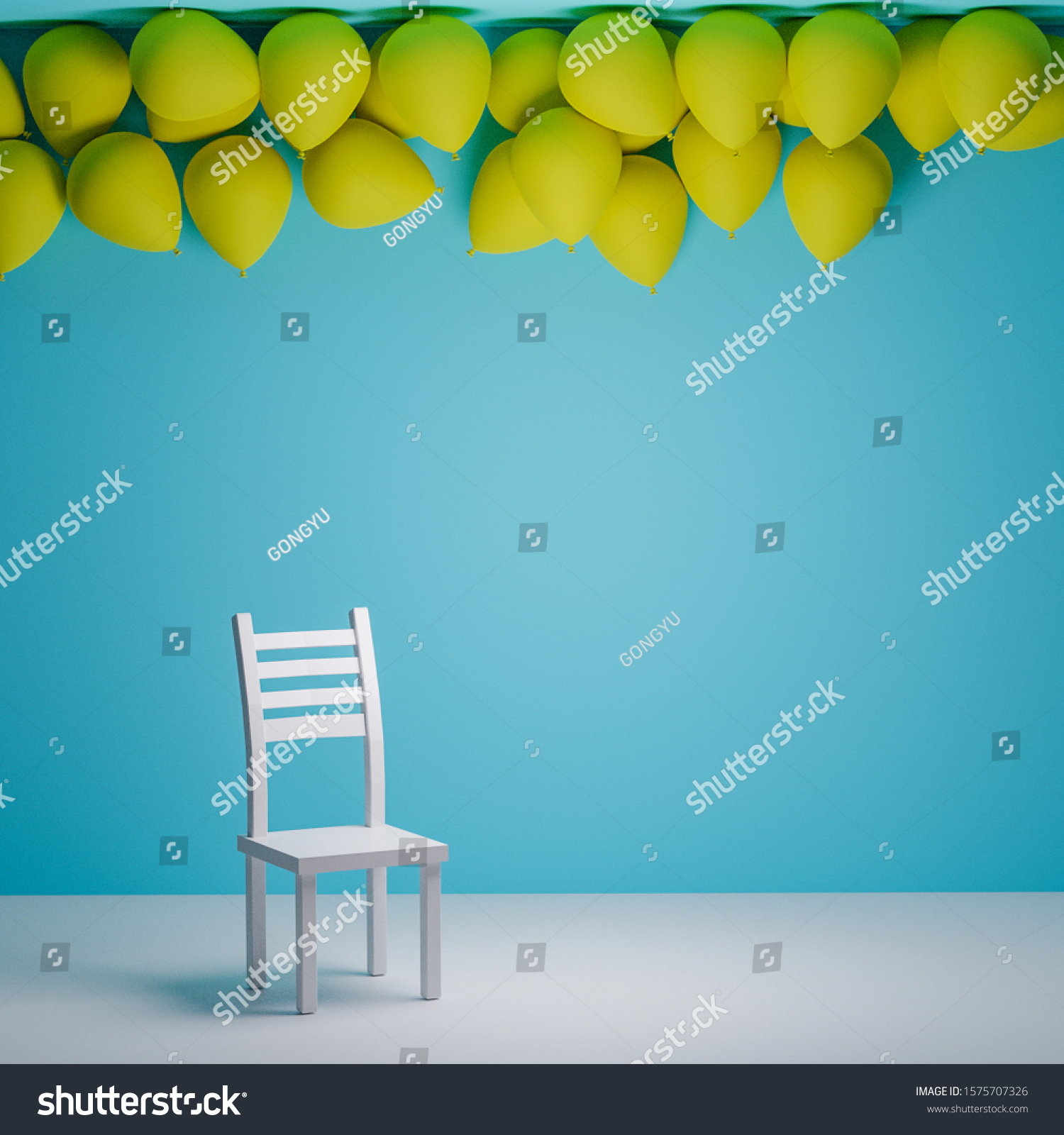 yellow balloons floating in front of a light blue wall, a white chair standing still. 3D rendering #1575707326
