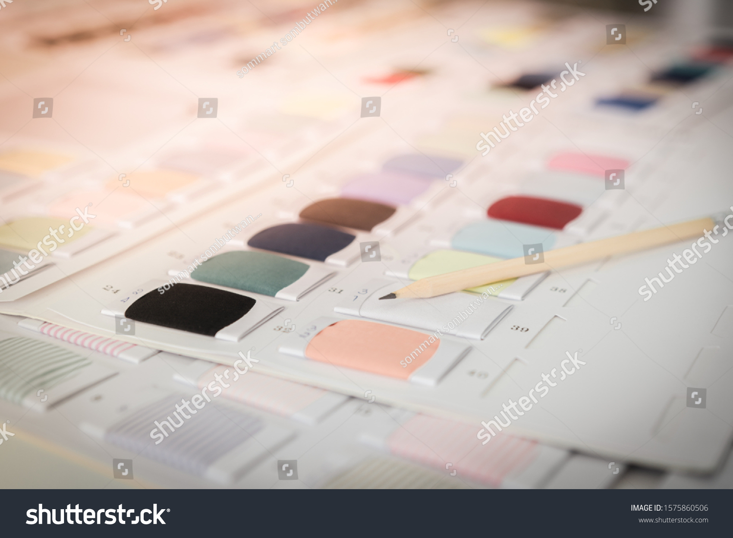 pencil and color samples palette of fabric. For fashion designs and decoration, Start up business. #1575860506