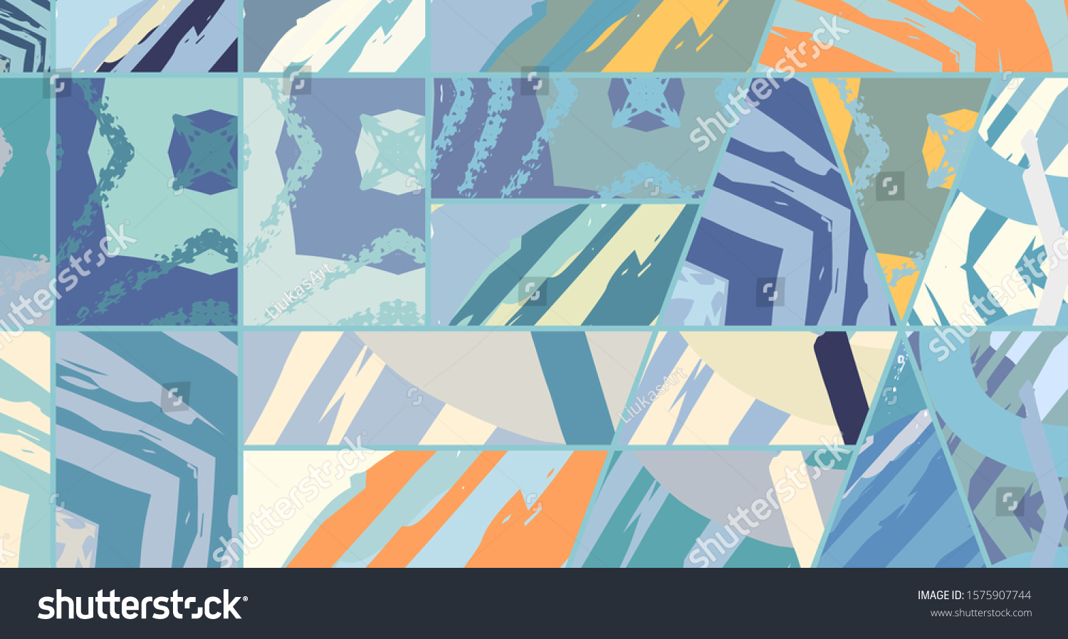 Abstract collage asymmetric pattern. Digital freehand art, grunge texture. Vector patchwork quilt background. Decorative elements, brush strokes ornament for flyer, poster, cover, textile fabric print #1575907744