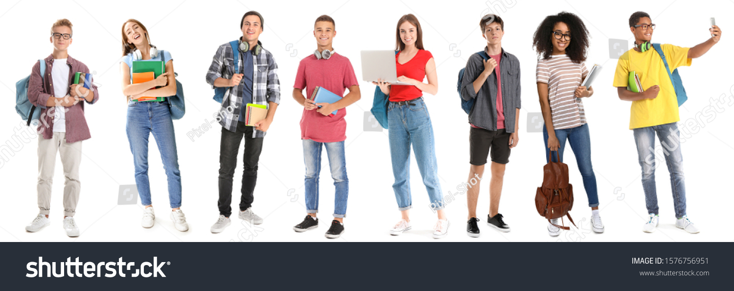 Collage with young students on white background #1576756951
