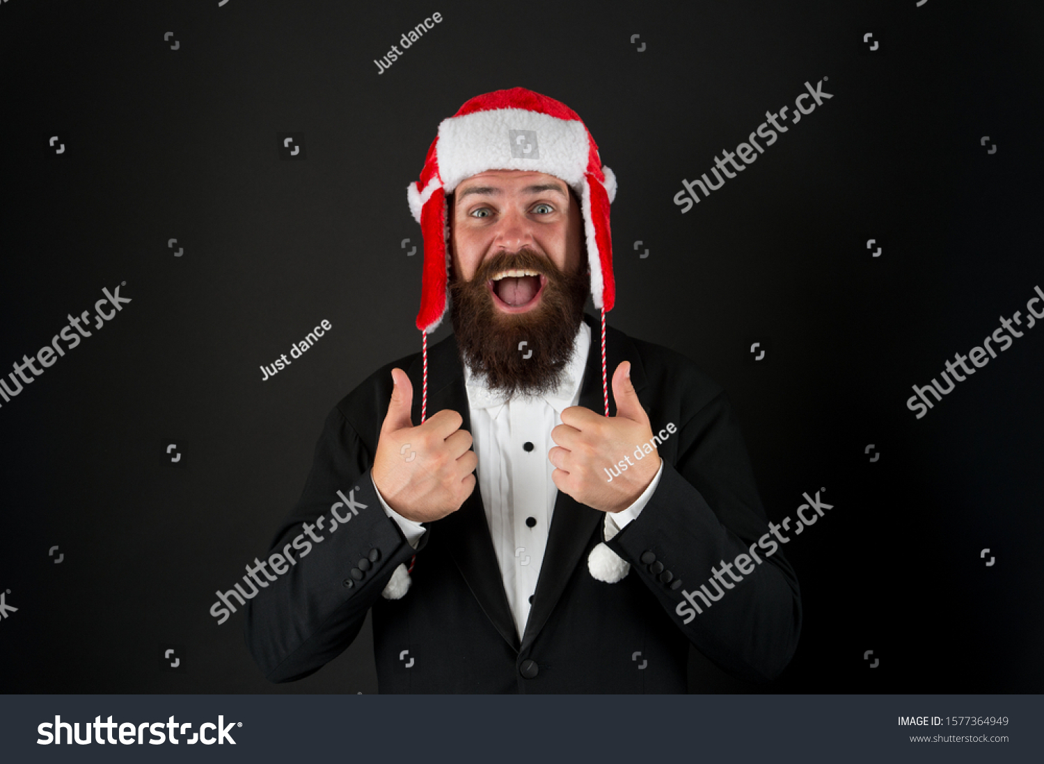 Make Christmas magic again. Happy santa boss give thumbs up. Businessman celebrate Christmas. Bearded man enjoy Christmas party. Merry christmas. Happy New Year. #1577364949
