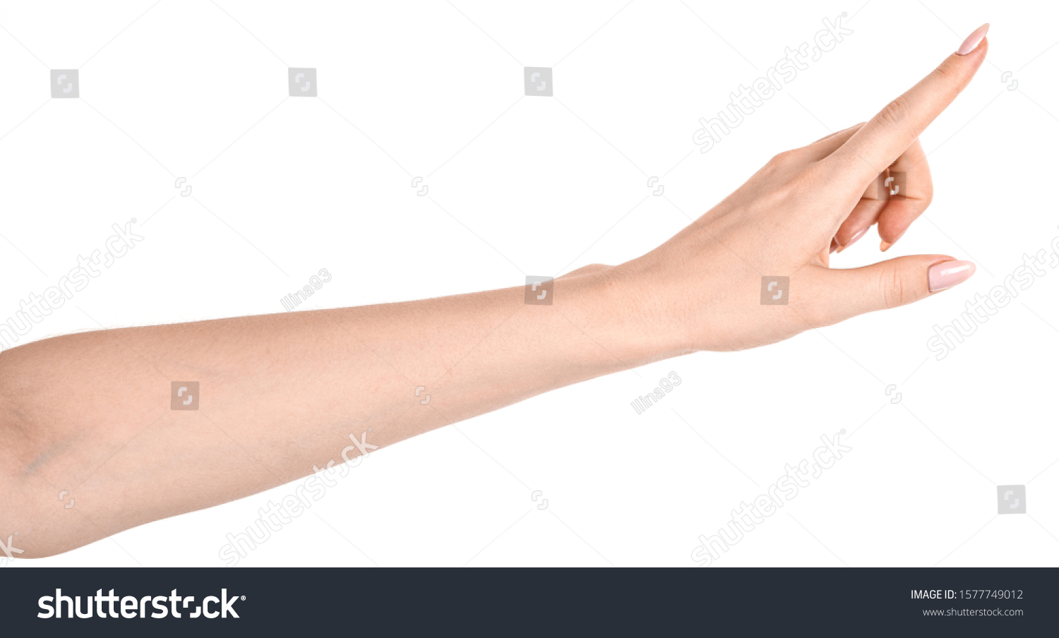 Female caucasian hands  isolated white background showing  gesture points finger to something or someone.  woman hands showing different gestures #1577749012