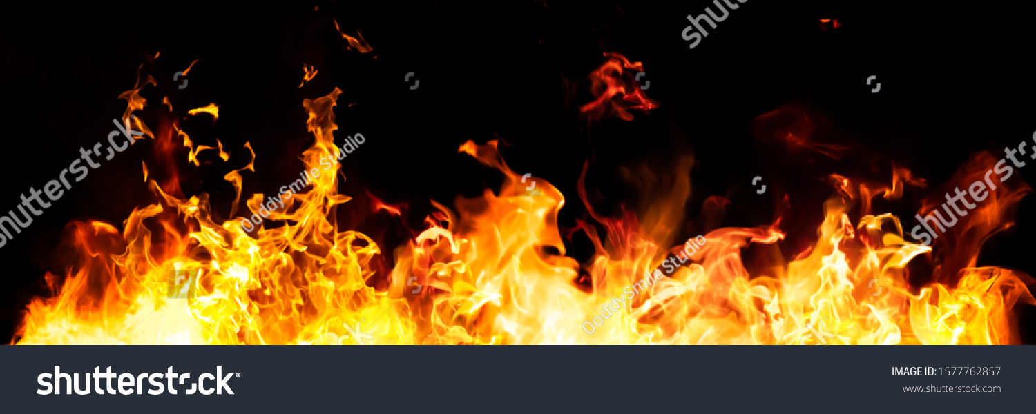 Panorama Fire flames on black background. fire burst texture for banner backdrop. #1577762857