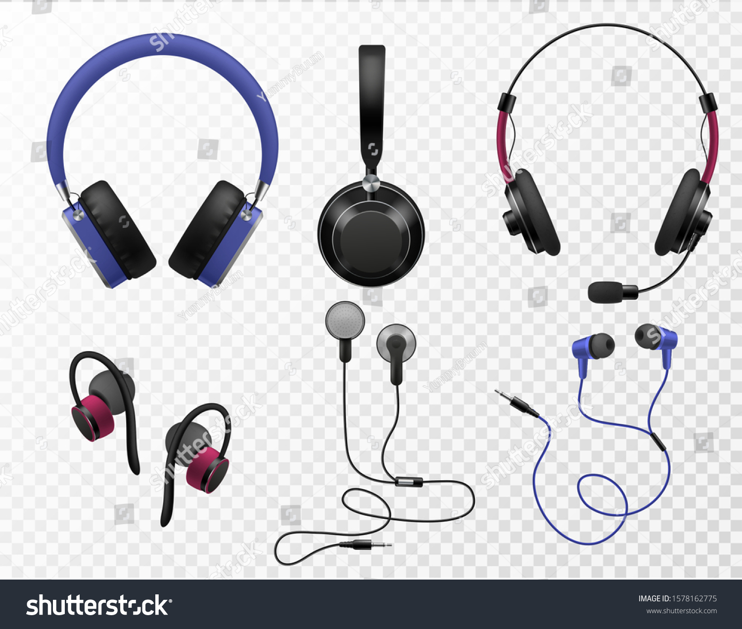 Music earphones. Various types realistic earbuds, wireless headset and portable in ear headphones, sound gadget accessories, 3d vector digital modern equipment set #1578162775