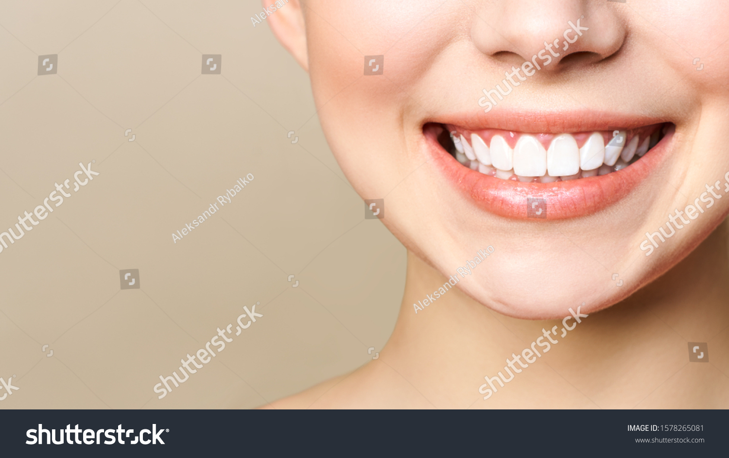 Perfect healthy teeth smile of a young woman. Teeth whitening. Dental clinic patient. Image symbolizes oral care dentistry, stomatology. Dentistry image #1578265081