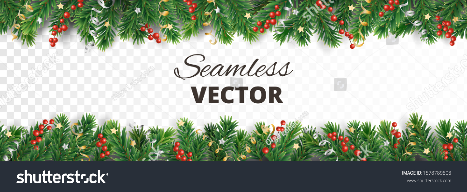 Seamless Christmas decoration isolated on white. Vector holiday border, frame. Gold and silver ornaments. Red holly berry on pine tree branches. For celebration banners, headers, posters. #1578789808