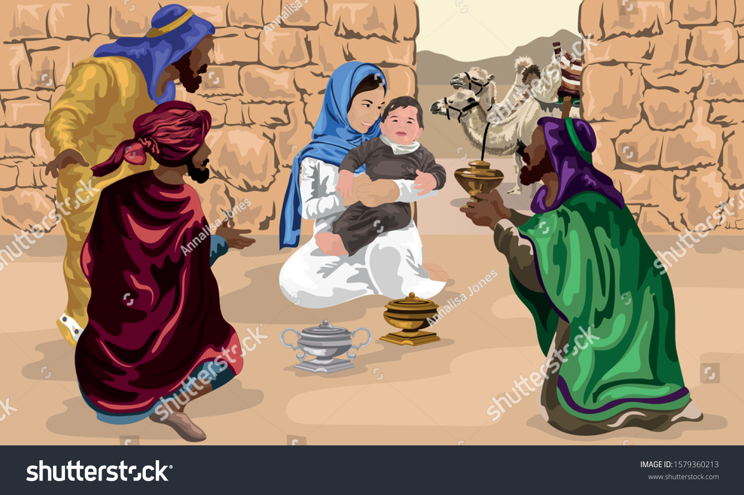 Three Wise Men Worship Baby Jesus and give - Royalty Free Stock Vector ...