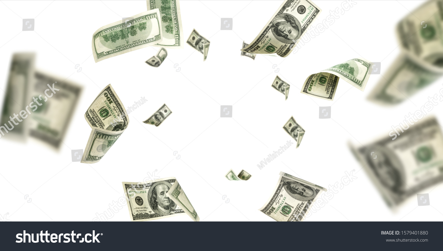 Us dollar. American money, falling cash. Flying hundred dollars isolated. #1579401880