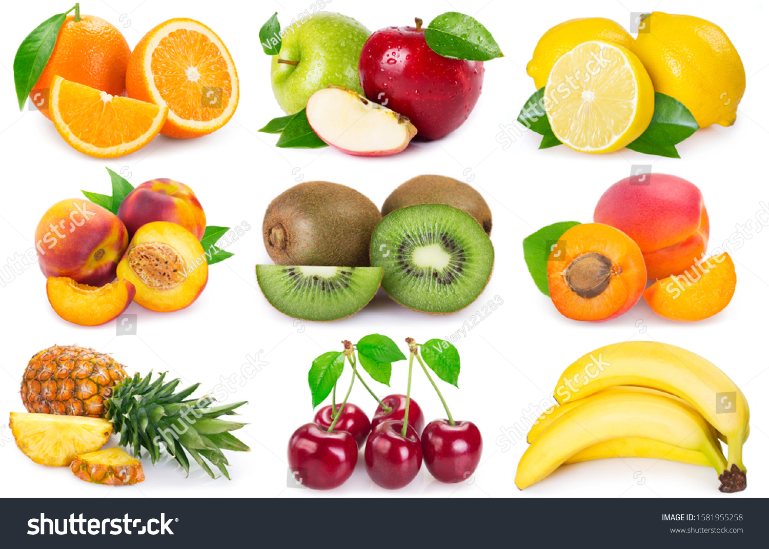 collection of fresh fruits isolated on white background. fruit collage. #1581955258