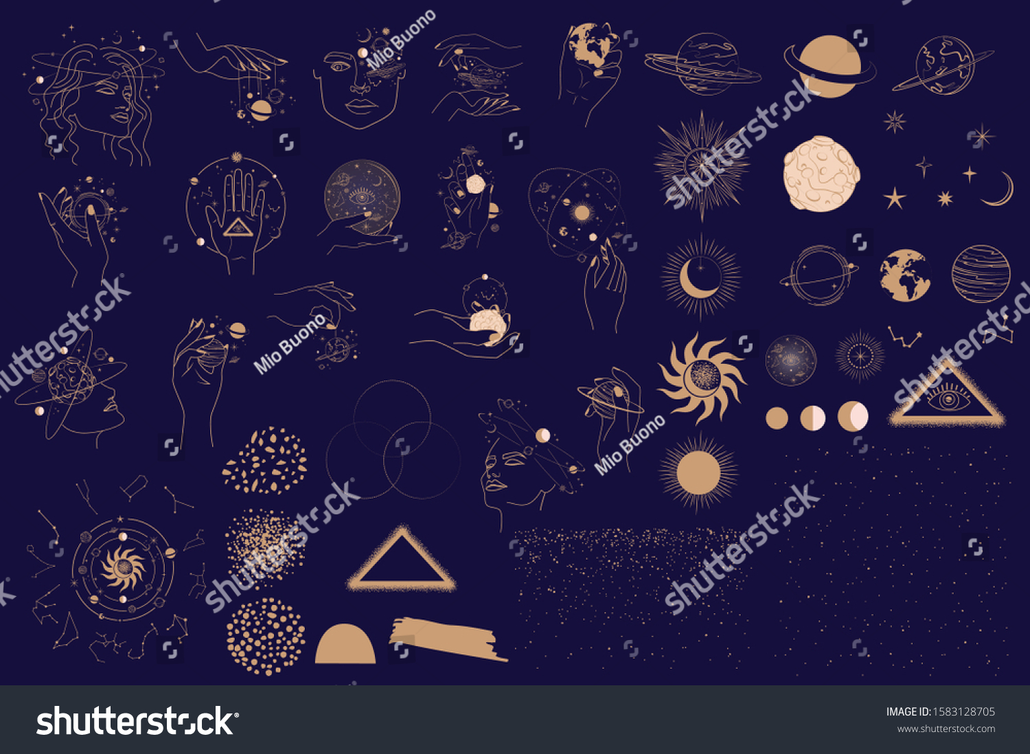 Collection of Mystical and Astrology objects, Woman face, Space objects, planet, constellation, magic ball, human hands. Minimalistic objects made in the style of one line. Editable vector illustratio #1583128705