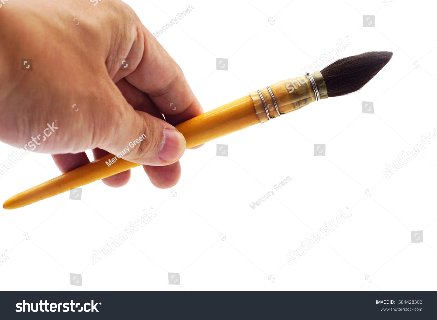 hand holding paintbrush paint isolated on white background. Artist many paintbrushes. copyspace, advertising, or your design. #1584428302