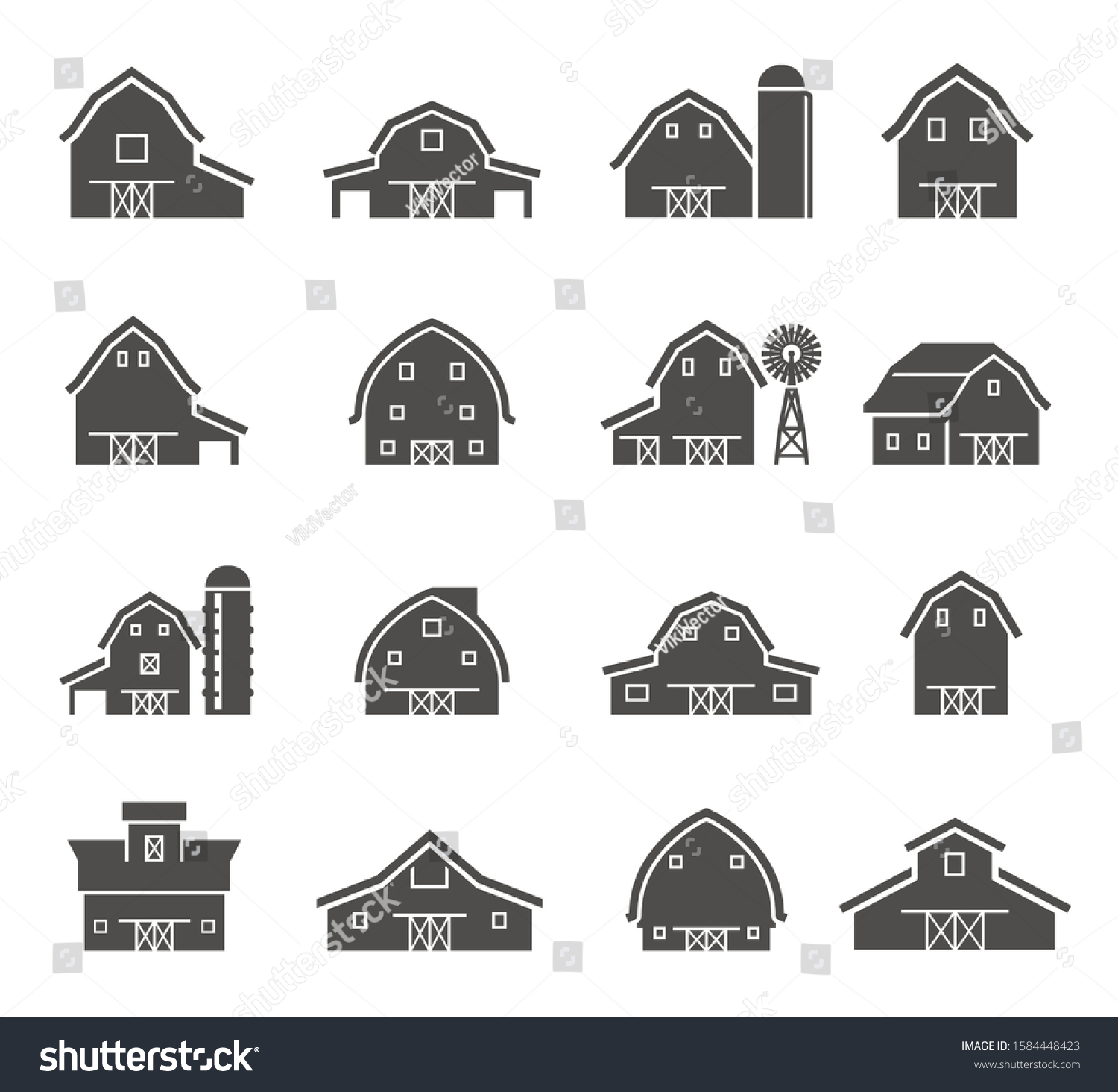 Rural barn building silhouettes glyph icons set. Farmyard architecture negative space symbols. Farm barns with water towers isolated on white background. Farm sheds, wind pump and silo pictograms #1584448423