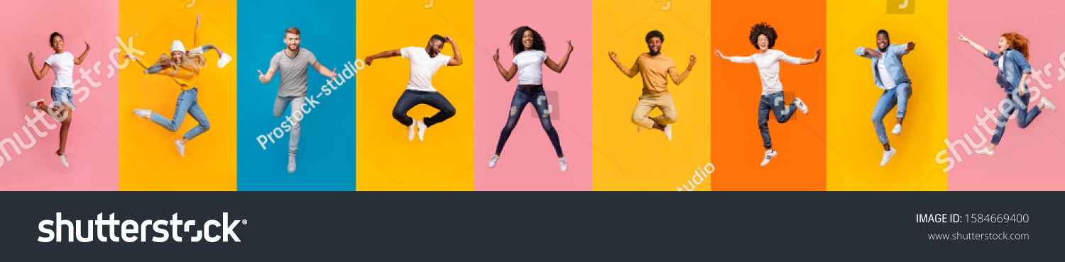 Collage of cheerful multiracial young people jumping over colorful backgrounds, panorama #1584669400