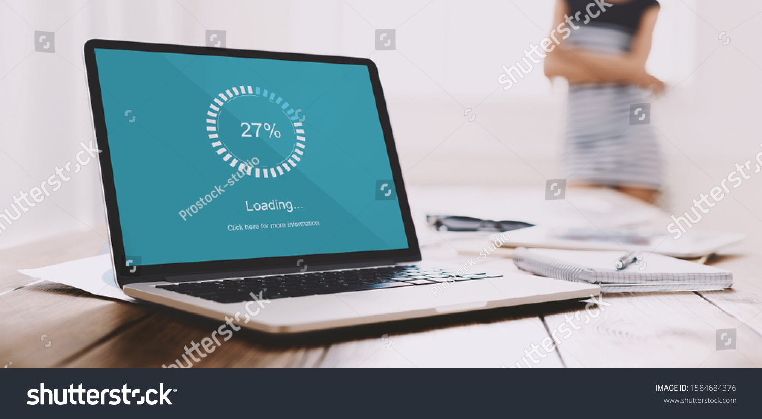 Close up of freelancer laptop screen with loading bar, young woman waiting impatiently on background, slow connection, computer software concept #1584684376