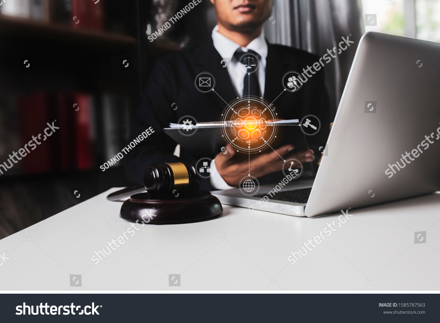 Lawyer holding the envelope and working on wood table at coffee with law interfaces icon. #1585787563