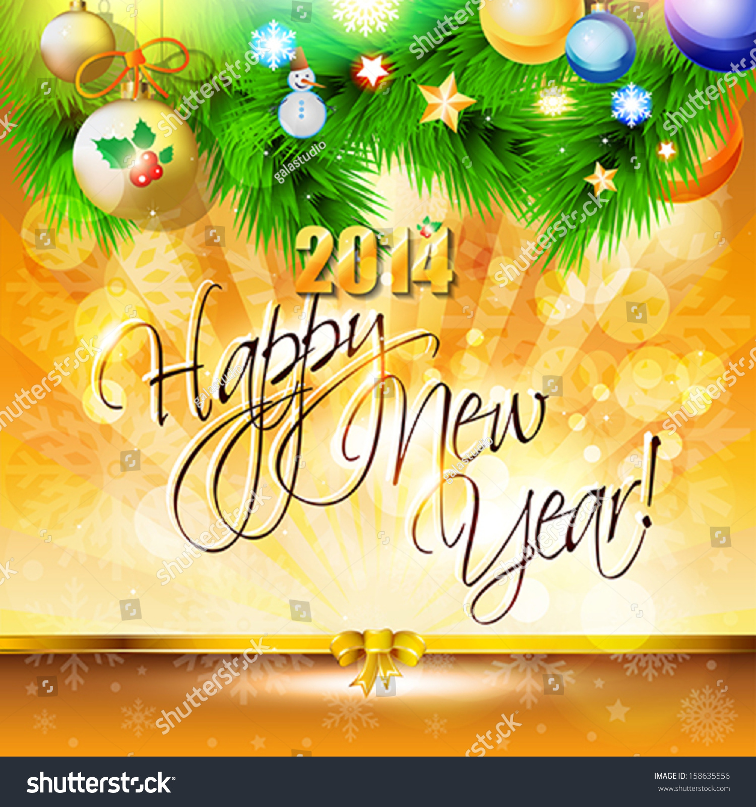 2014 Happy New Year card or background with  ribbons, bows, snowman,  snowflakes, tree, balls, stars.  Vector art. #158635556