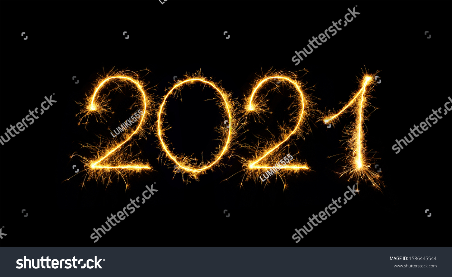 Happy New Year 2021. Sparkling burning numbers Year 2021 isolated on black background. Beautiful Glowing golden overlay object for design holiday greeting card, billboard and Web banner #1586445544