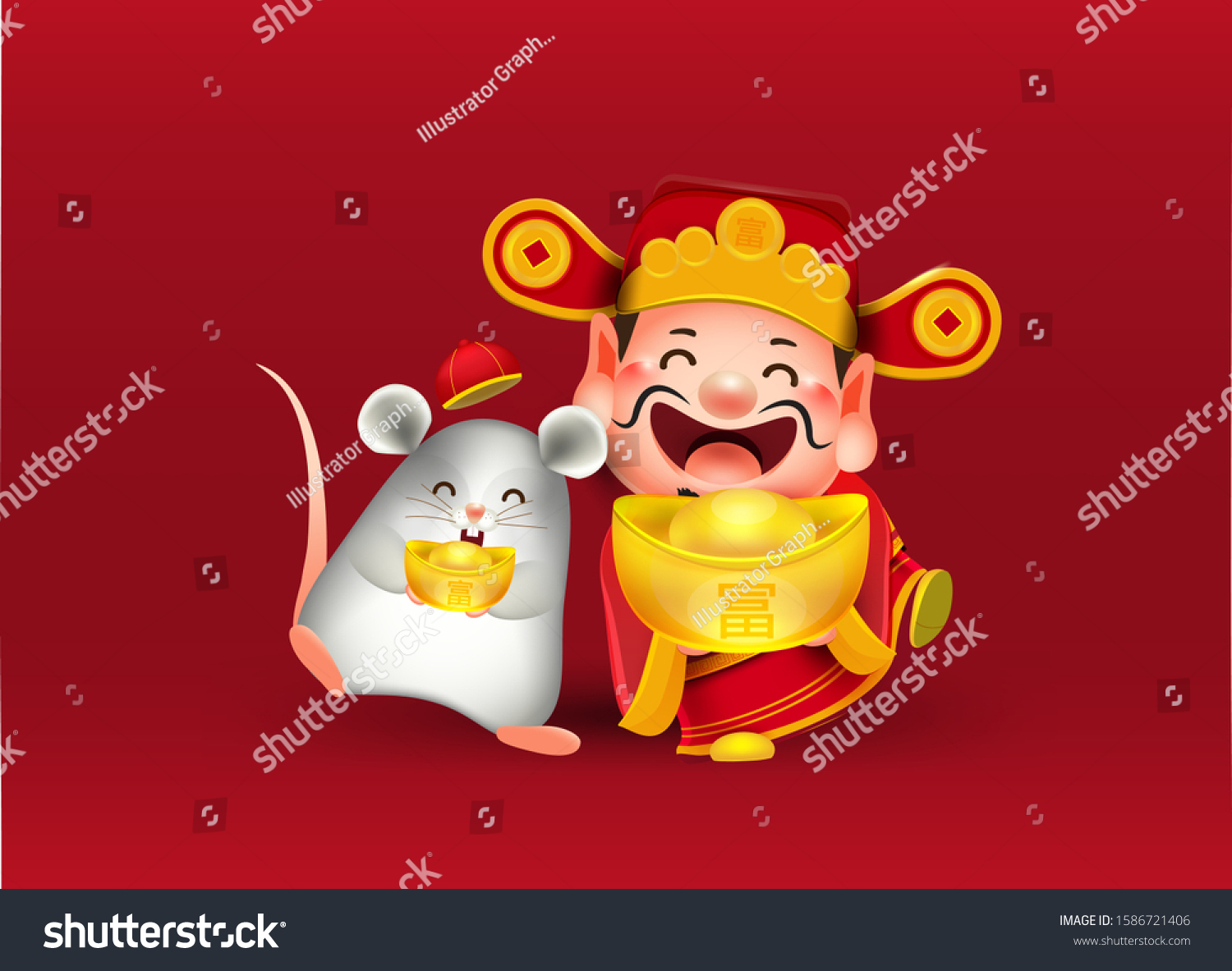 chinese god of wealth year of the rat with - Royalty Free Stock Vector ...