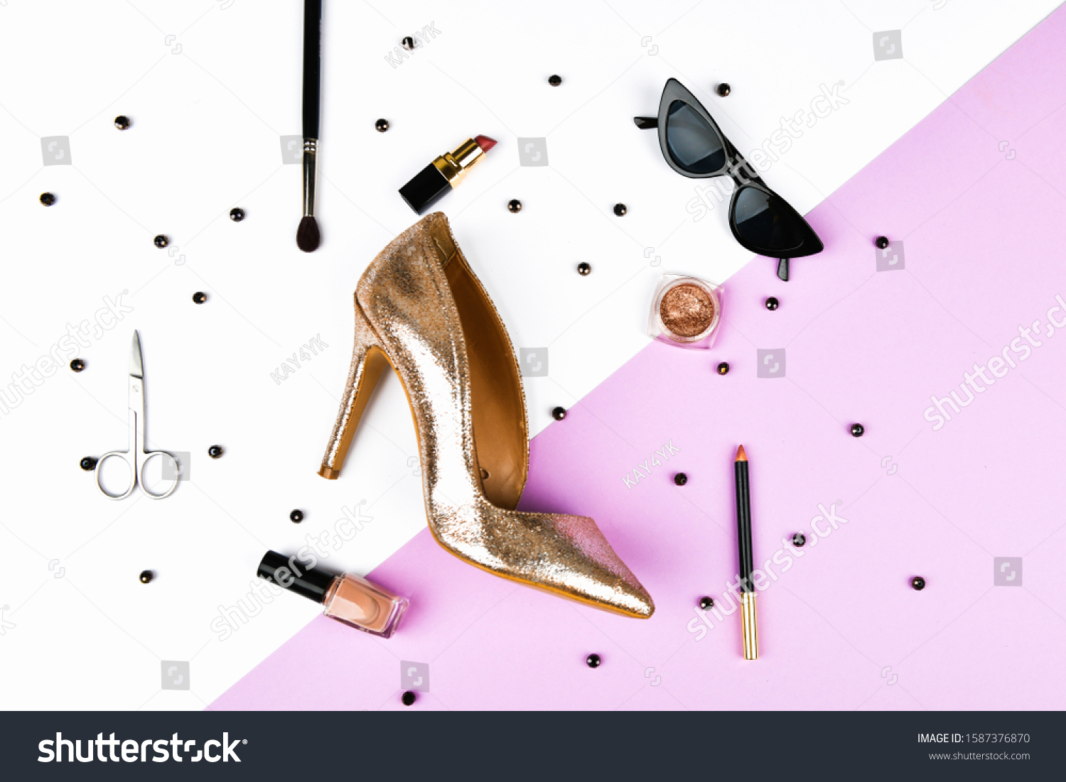 Womens shoes and accessories. Basket and womens accessories. Womens accessories, on a pink background pastel. Beauty and fashion concept. Top view, flat minimalism. flat lay #1587376870