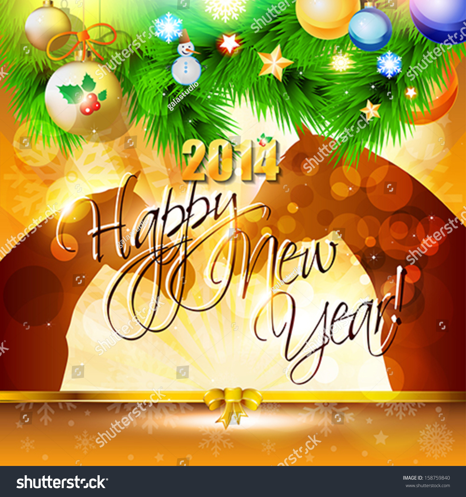2014 Happy New Year card or background with horse, balls, snowflakes and stars.  Vector illustration. #158759840