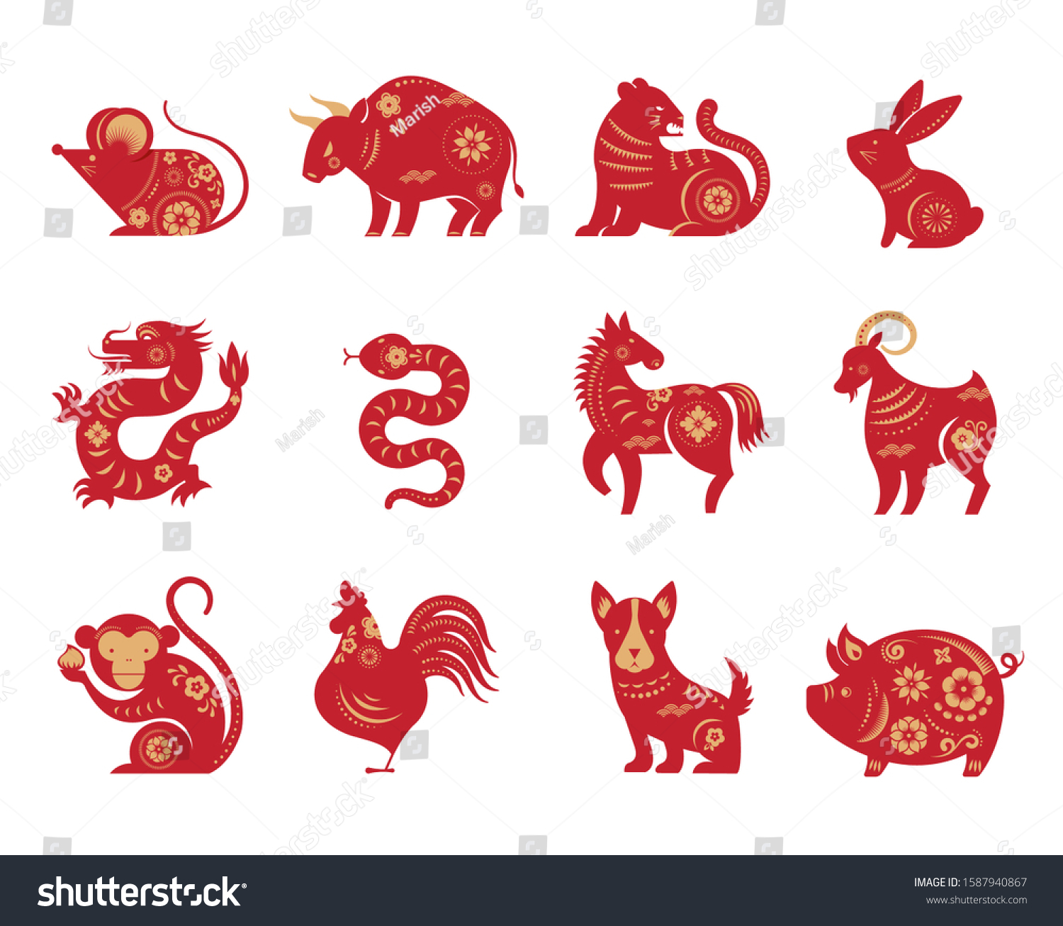 Chinese new year, zodiac signs, papercut icons - Royalty Free Stock ...