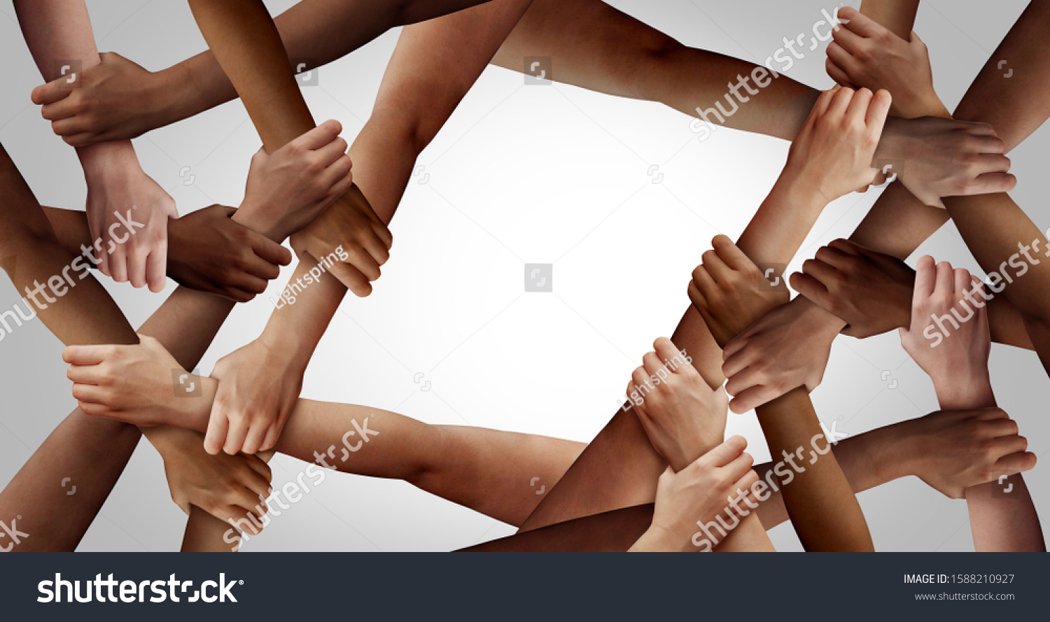 Business team diversity and teamwork as a group of diverse people holding arms as a multiracial society and corporate multicultural community joined as a together and togetherness concept. #1588210927