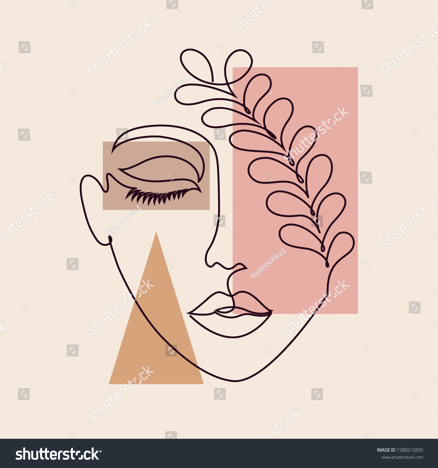 Abstract poster with minimal woman face.One line drawing style. #1588515895