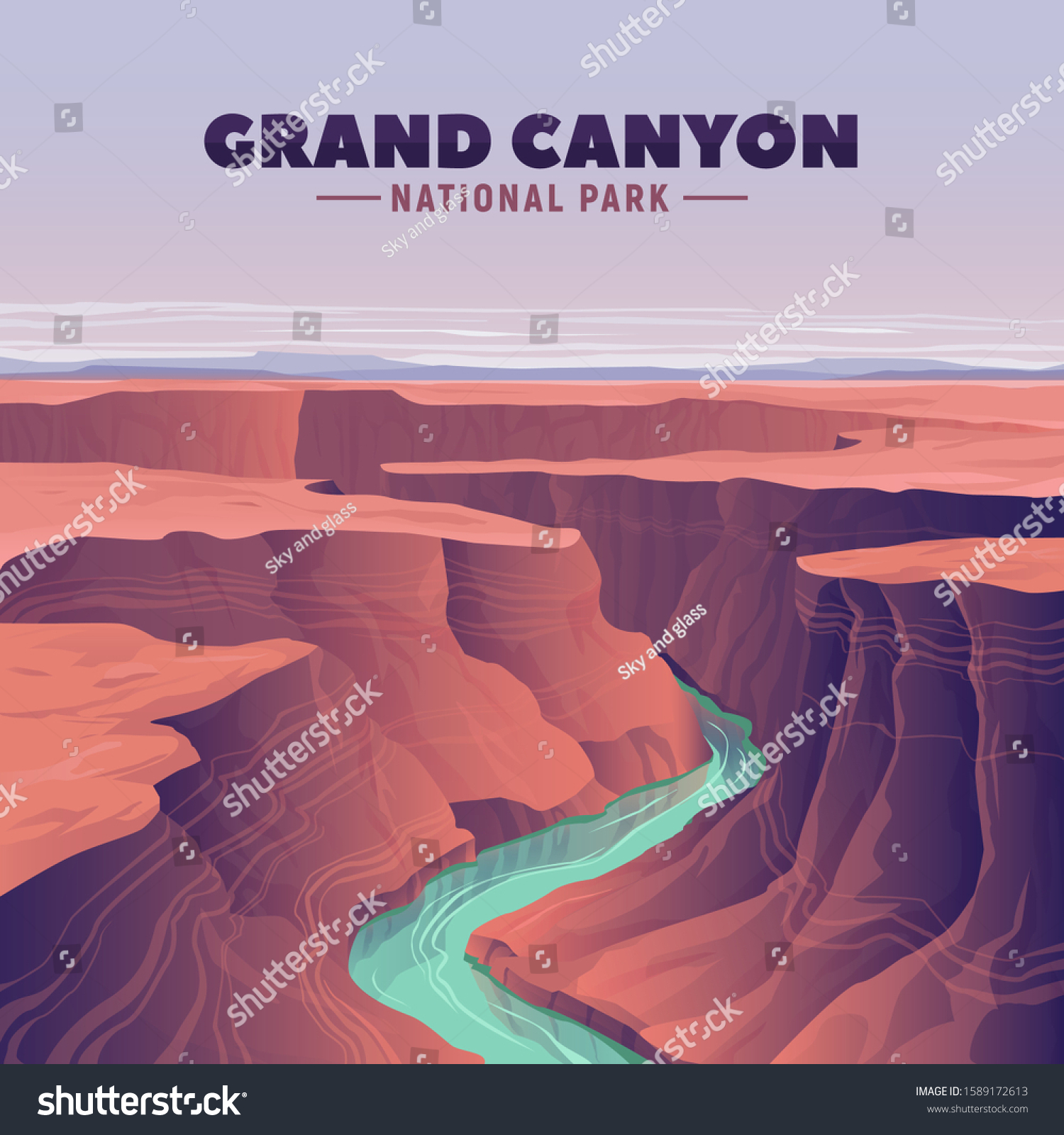 Grand Canyon and Colorado river. Vector illustration. United States landmarks.