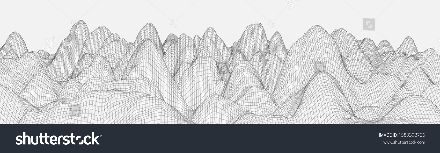 Vector wireframe 3d landscape. Technology grid illustration. Network of connected dots and lines on white background. #1589398726