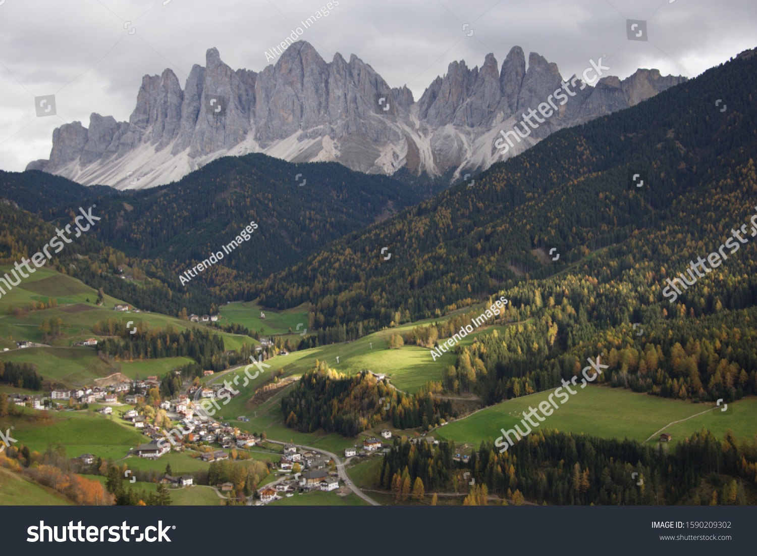 Scenic view of Villnoss Valley and Geislergruppe, Dolomite Alps, South Tyrol, Italy #1590209302