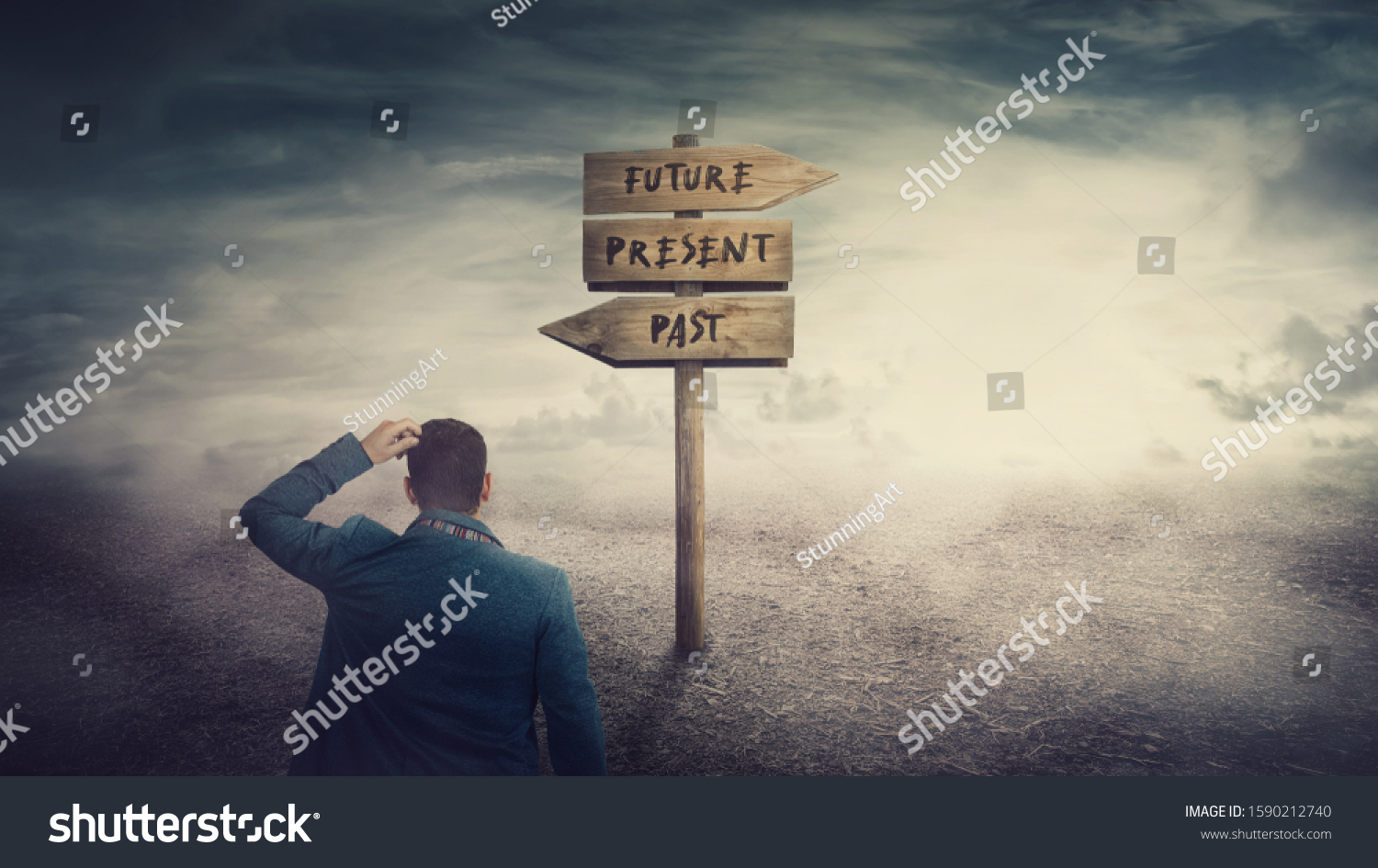 Surreal scene, businessman and a signpost arrows showing three different options, past, present and future course. Choose journey direction, time travel concept. Destiny evolution, important choice. #1590212740