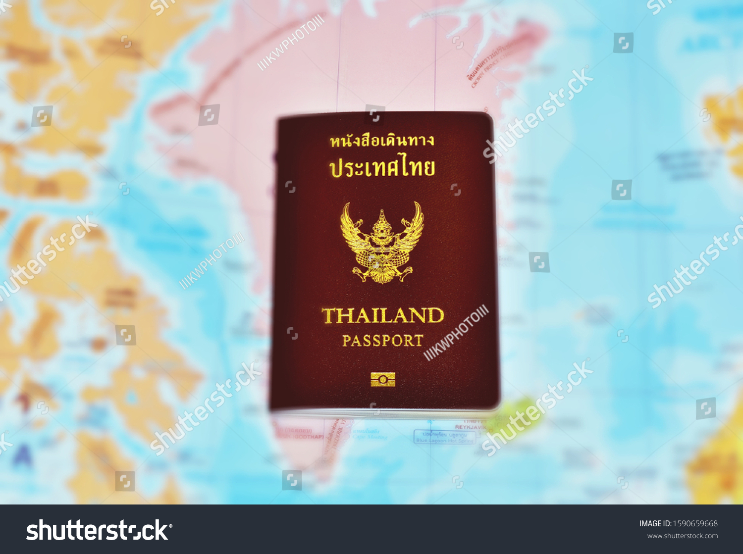 planning travel concept,Thailand passport on blue map - image  #1590659668