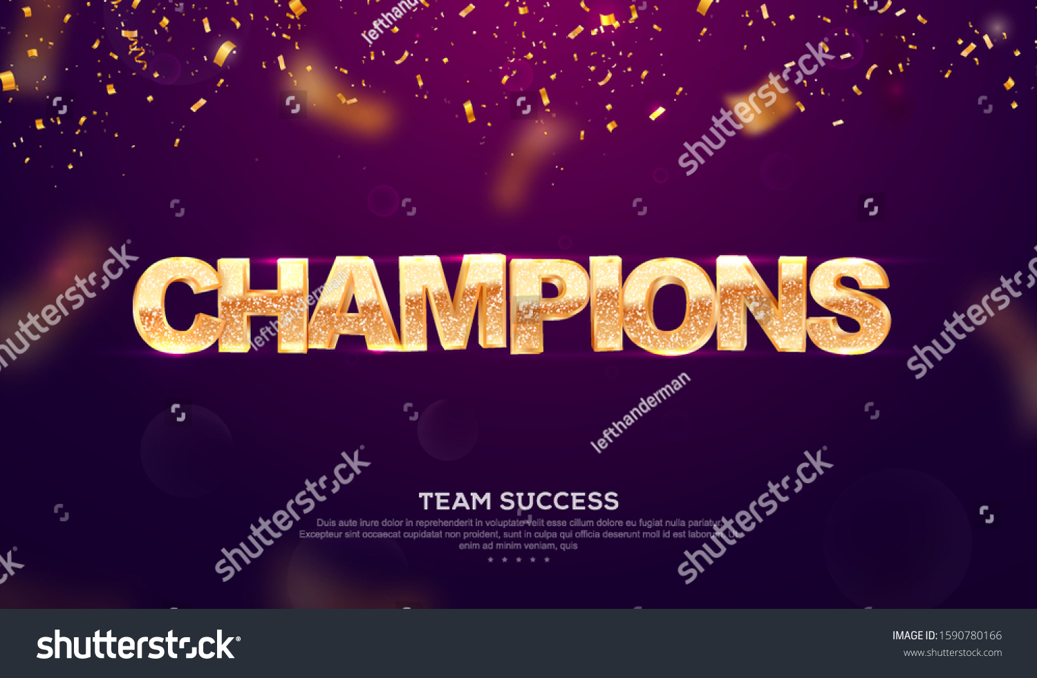 3d golden glitter word champions vector illustration. Winning celebration web banner. Championship cup win sign template on dark background #1590780166