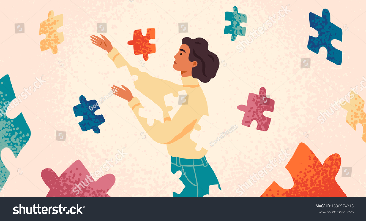 Self healing, recovery flat vector illustration. Woman assembling herself cartoon character. Girl feeling incomplete, looking for fitting puzzle pieces. Mental rehabilitation, psychotherapy concept. #1590974218