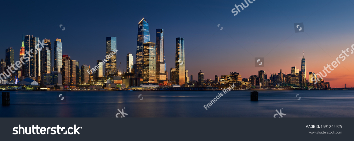 Sunset on Manhattan West with skyscrapers of Hudson Yards and the World Trade Center (Financial District). Cityscape from across the Hudson River, New York City, NY, USA #1591245925