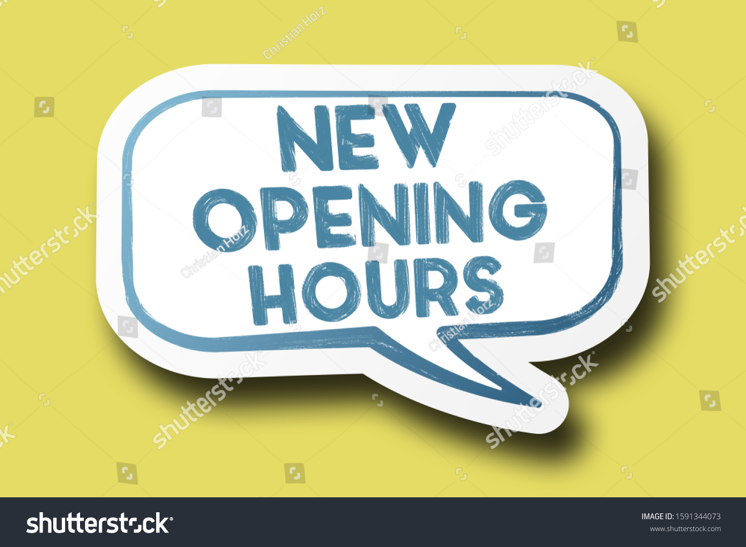 text NEW OPENING HOURS on speech bubble against bright yellow background #1591344073