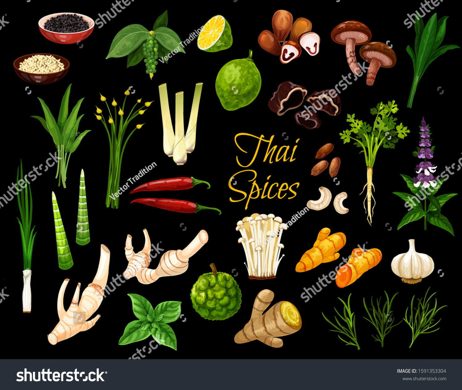 Cooking spices, Thai cuisine herbs and seasonings. Vector Thailand spices, condiments ans herbal flavorings, ginger root, lemongrass and kaffir lime, coriander, lotus and shiitake mushrooms #1591353304