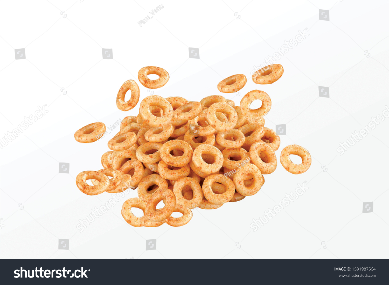 Fried and Spicy Mini Ring Snacks or Fryums (Snacks Pellets) Salty Corn Rings Snack, in a white background. selective focus - Image #1591987564