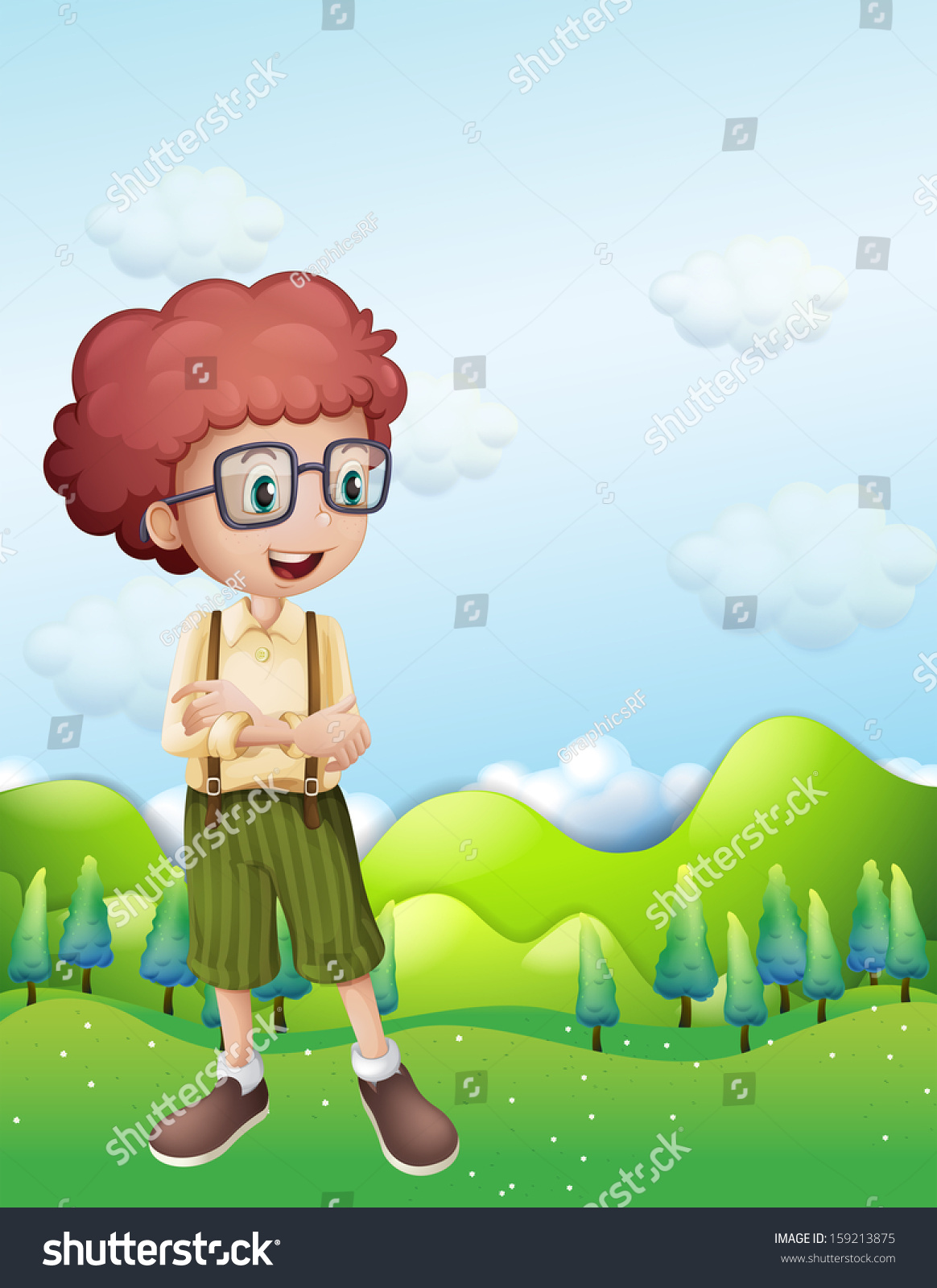 Illustration of a boy standing across the hills - Royalty Free Stock ...