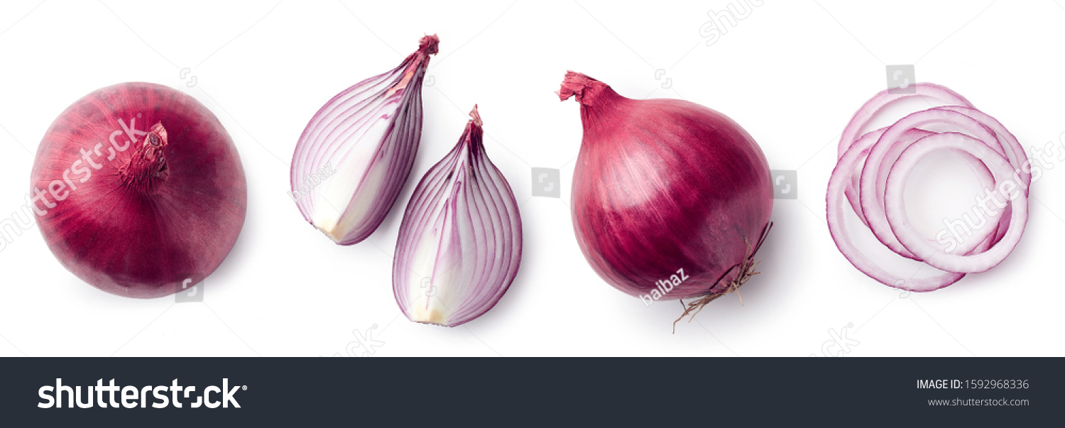 Fresh whole and sliced red onion isolated on white background, top view #1592968336