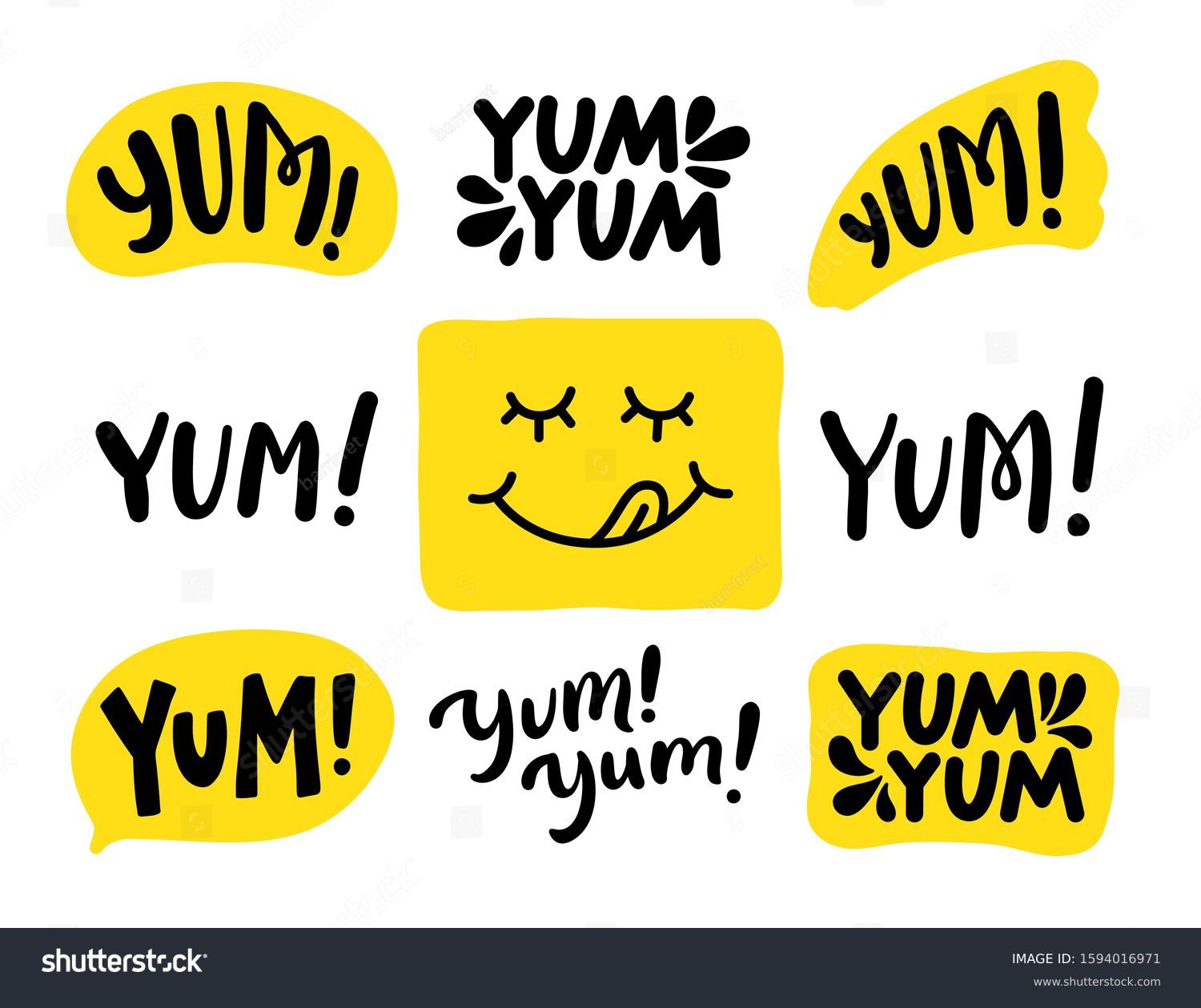 Yum Yum words set. Printable graphic tee. Design doodle for print. Vector illustration. Colorful. Cartoon hand drawn calligraphy style. Yellow Black and white #1594016971