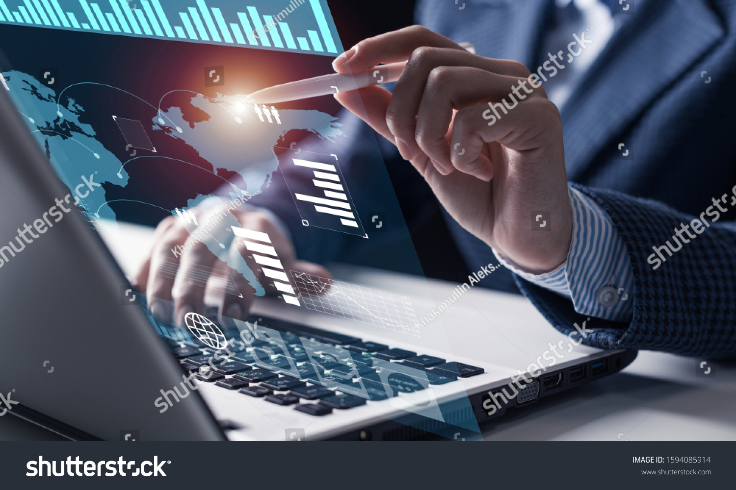 Businessman works with financial data. Futuristic 3d interface above laptop computer. Interactive financial diagrams and digital data visualization concept. Global e-business network communication #1594085914