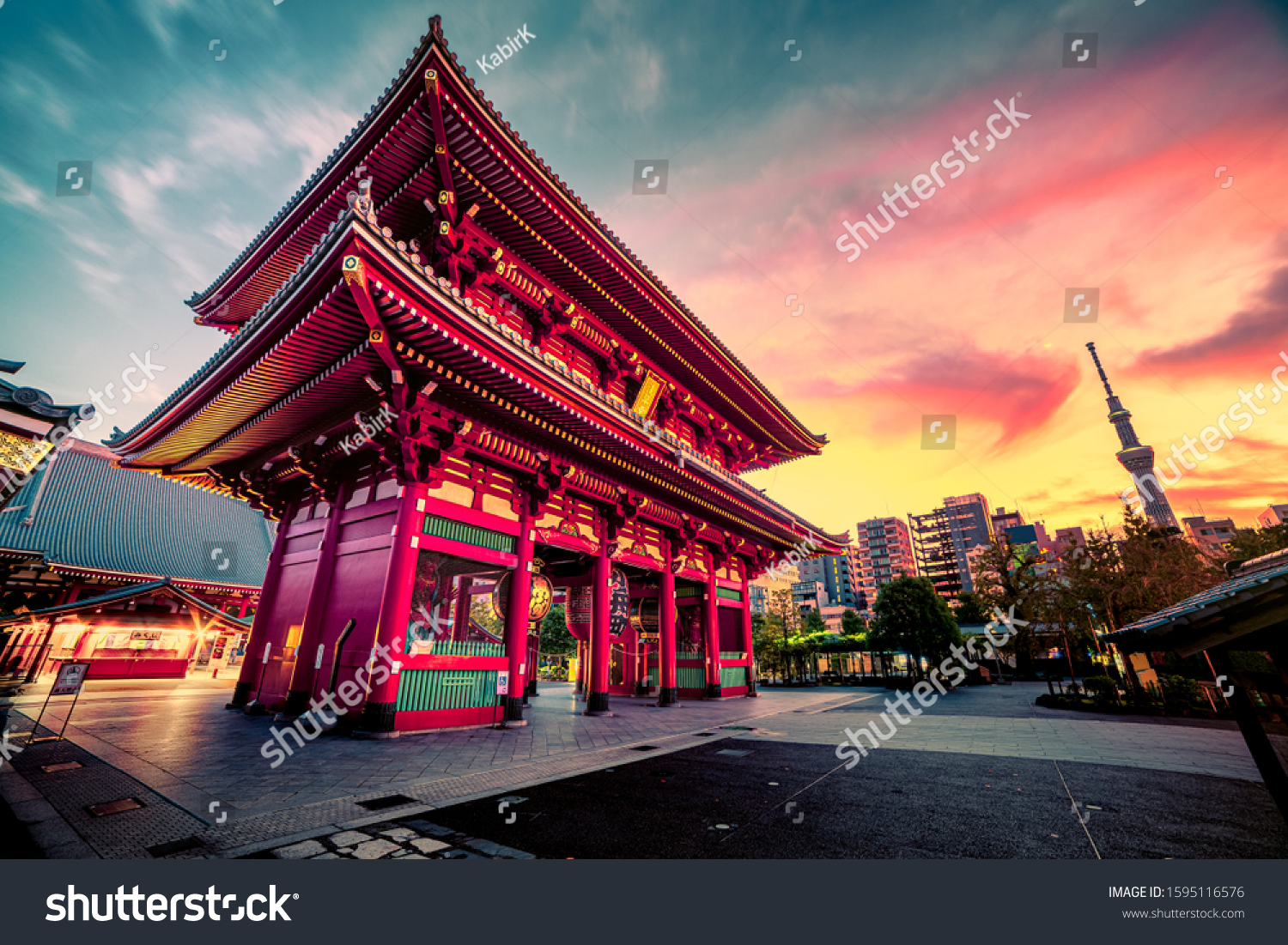 Sensoju Temple with dramatic sky and Tokyo skytree inTokyo, Japan #1595116576