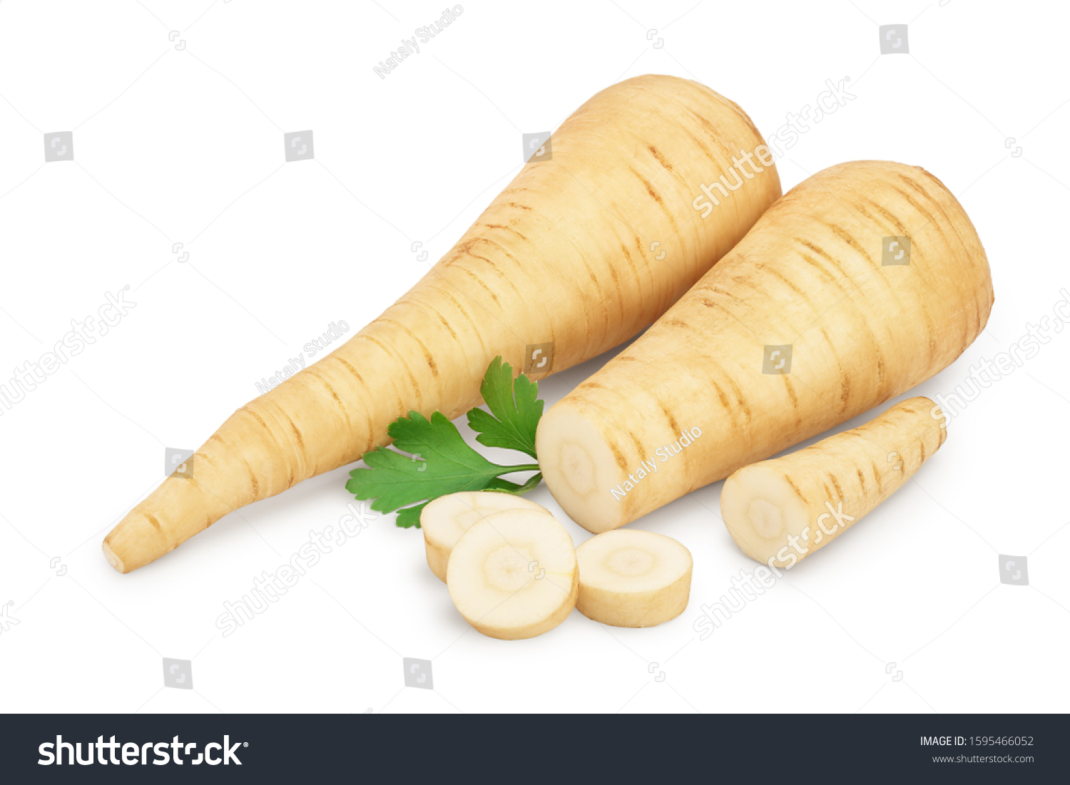 Parsnip root and slices with parsley isolated on white background with clipping path #1595466052